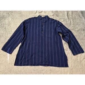 Fabindia Mens Indigo Blue Striped Cotton Kurta Mandarin Collar Henley Shirt 40